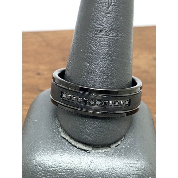 Men's Wedding Band Tungsten Black Gemstones 8mm Wide Ring Size 8 - Picture 7 of 15